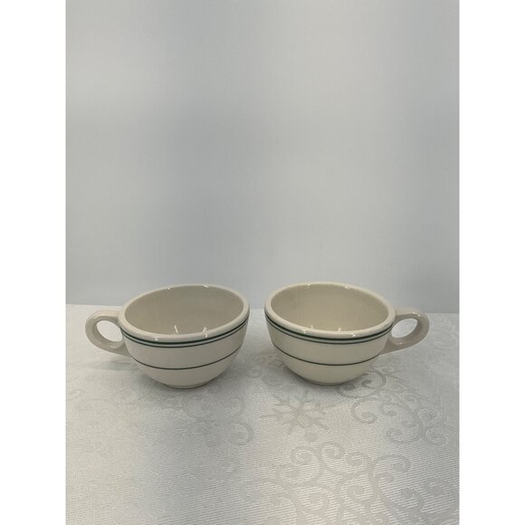 Homer Laughlin Set/2 Vintage Ivory Restaurant Ware Cups Green Stripes - Picture 1 of 7